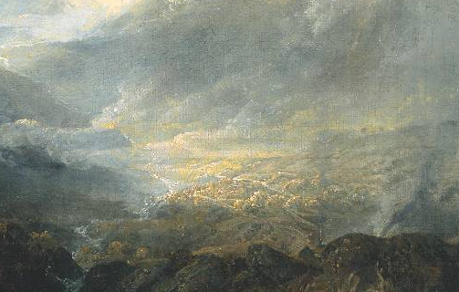 油畫描繪了日出時大氣中的薄霧和水汽