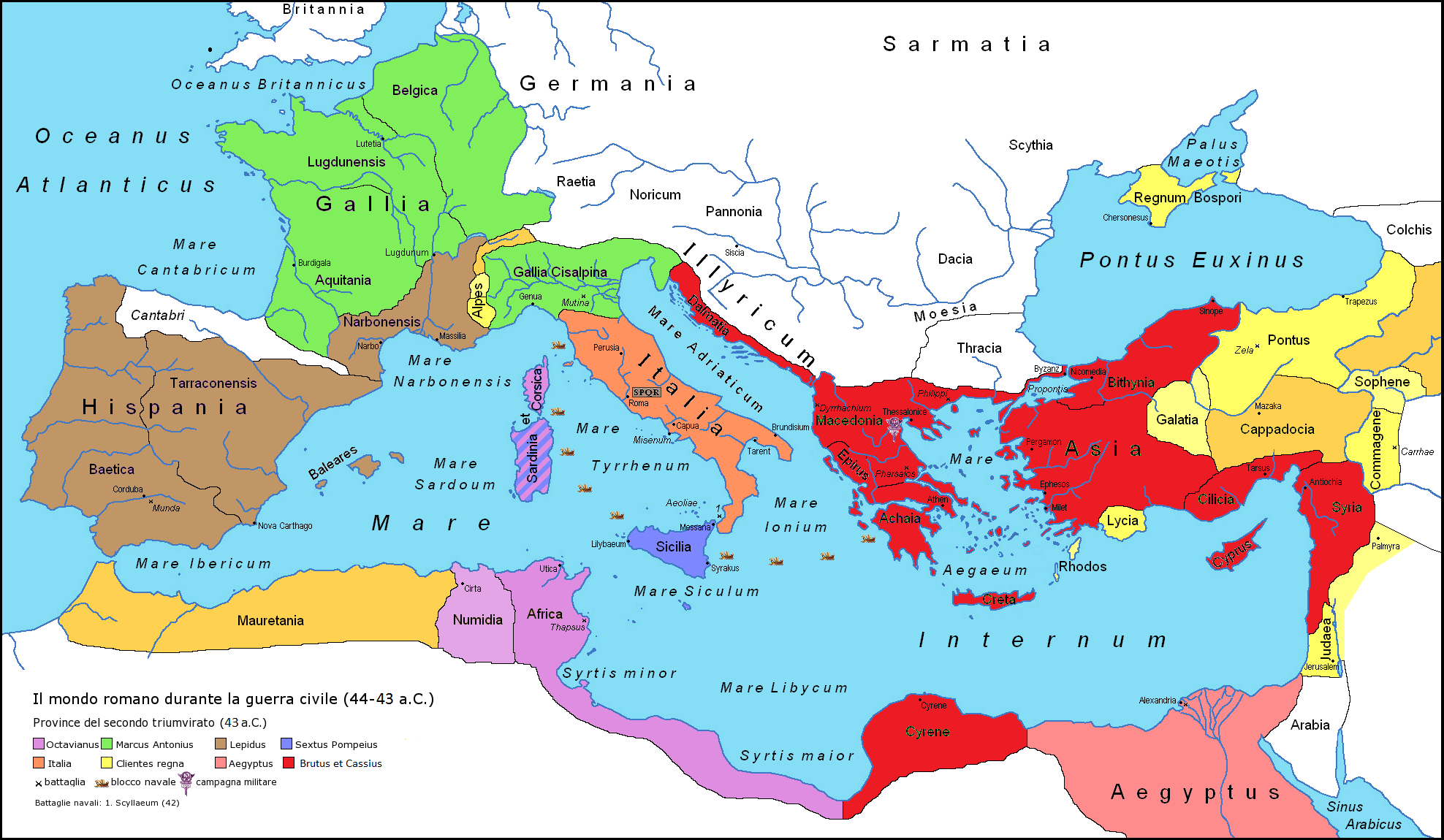 凱撒死後羅馬局勢圖，紅色為共和派勢力範圍