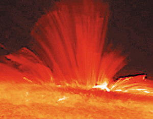 太陽磁場近乎垂直地從太陽黑子上方延伸開