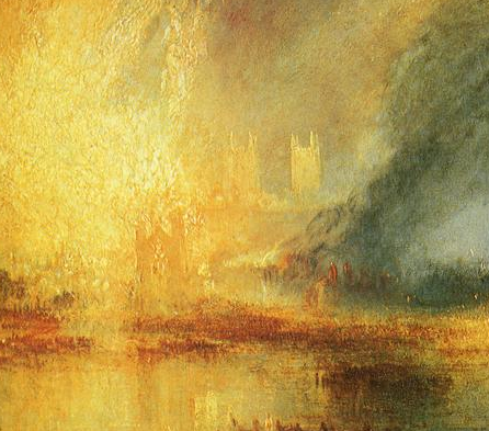油畫中描繪了火災使下議院化為灰燼