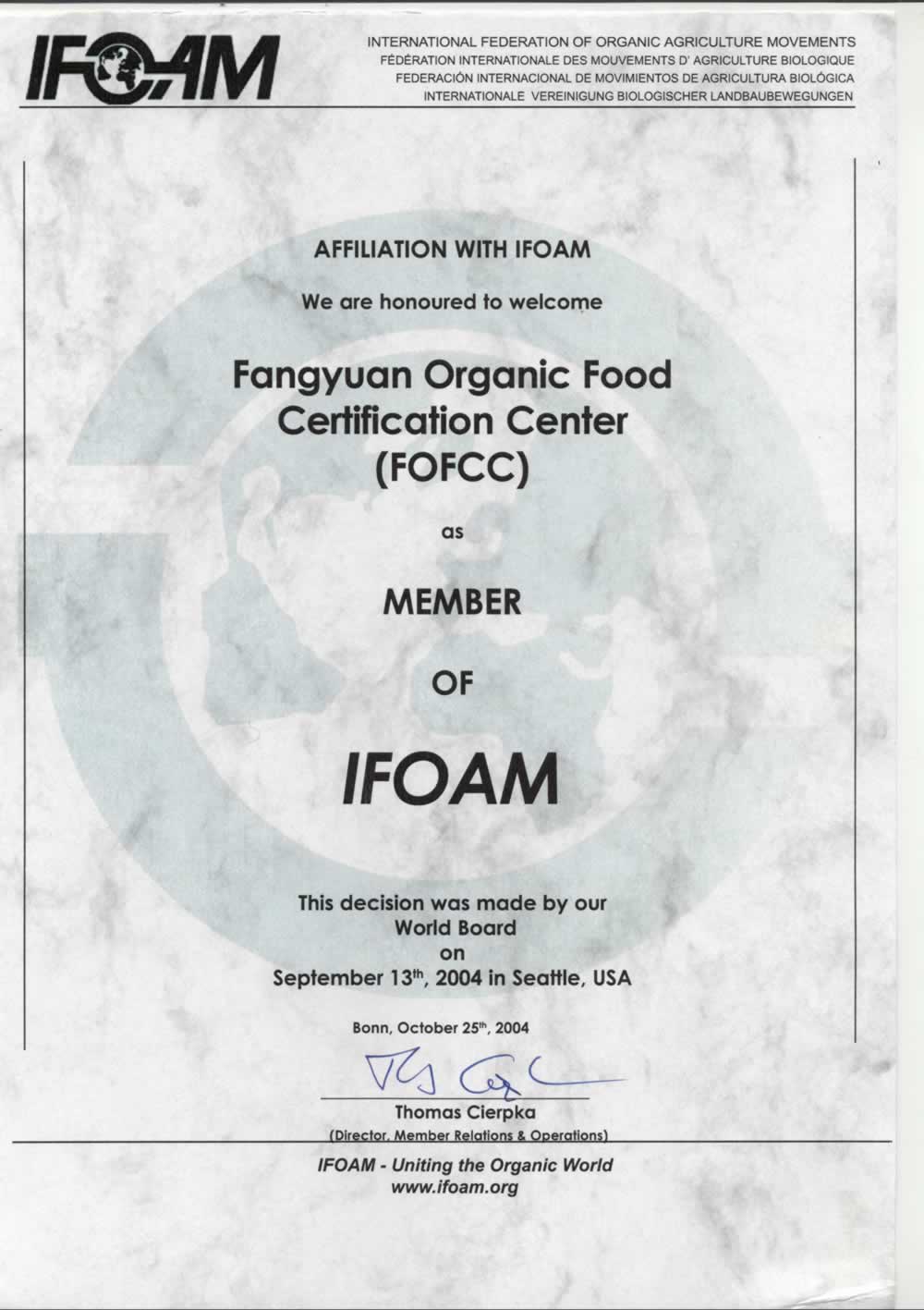 IFOAM會員證書