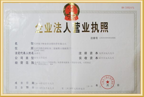 天津兆豐恆業貴金屬經營有限公司法人證書