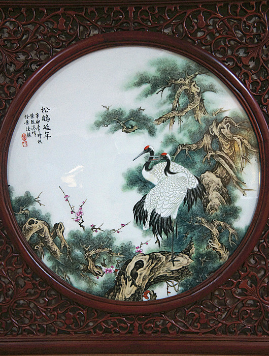松鶴延年瓷板畫——葉烈青作品