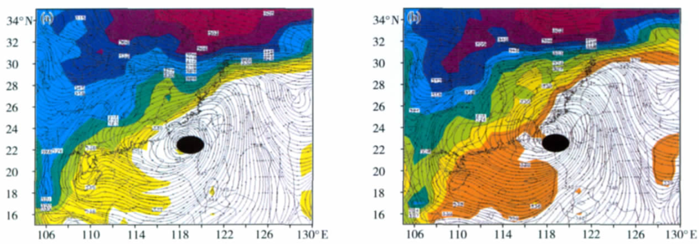 圖2 “鮎魚”颱風入侵過程中850hPa風場和假相當位溫θse分布