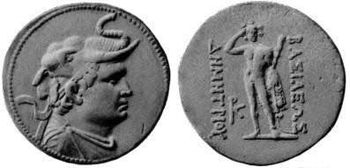 四德拉克馬的銀幣上刻著德米特里一世的肖像