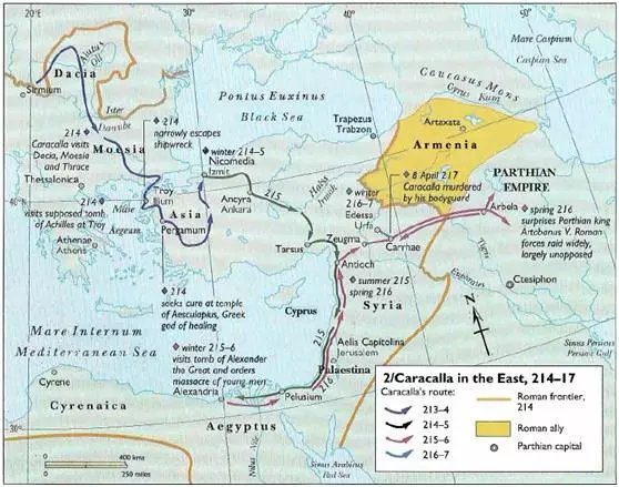 卡拉卡拉東征路線圖 主要行程都在模仿當年的亞歷山大大帝