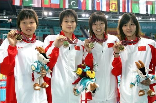 趙菁、羅男、周雅菲和龐佳（從左到右）奪冠