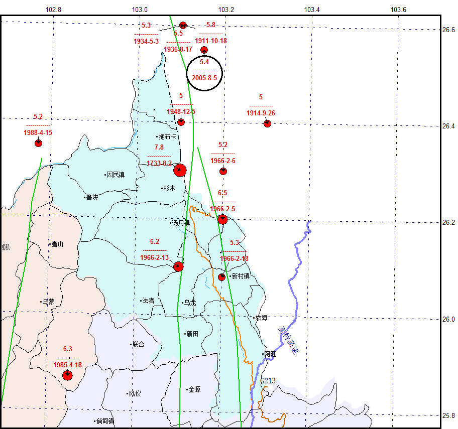 東川及周邊地區歷史5級以上地震震中分布圖