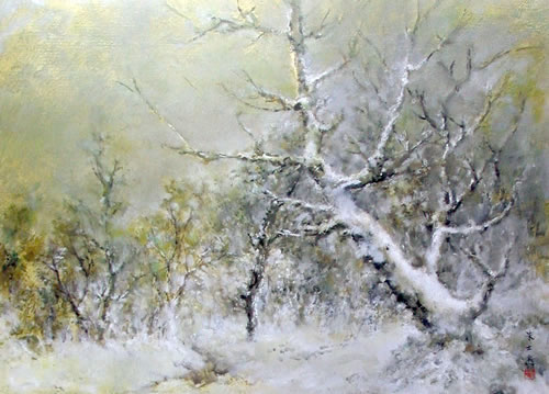 《寒林雪霽》（1988）39.5×54.5cm 油畫紙板