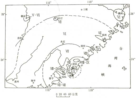 1918年2月13日南澳—詔安海外7.3級地震等震線圖