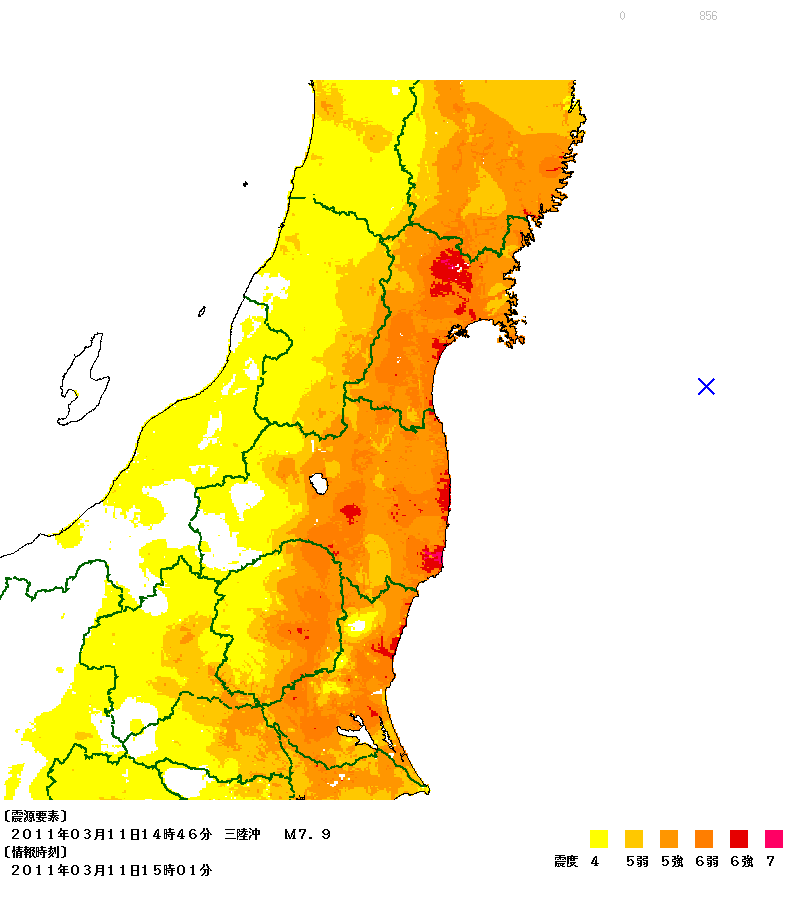 2011年東日本大地震--東北地區推計震度圖