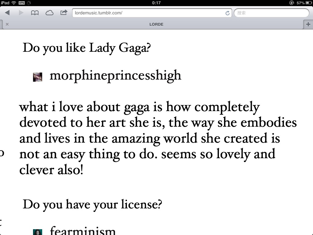 Lorde在Tumblr上對Gaga示好