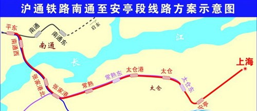 滬通鐵路南通至安亭段線路方案示意圖