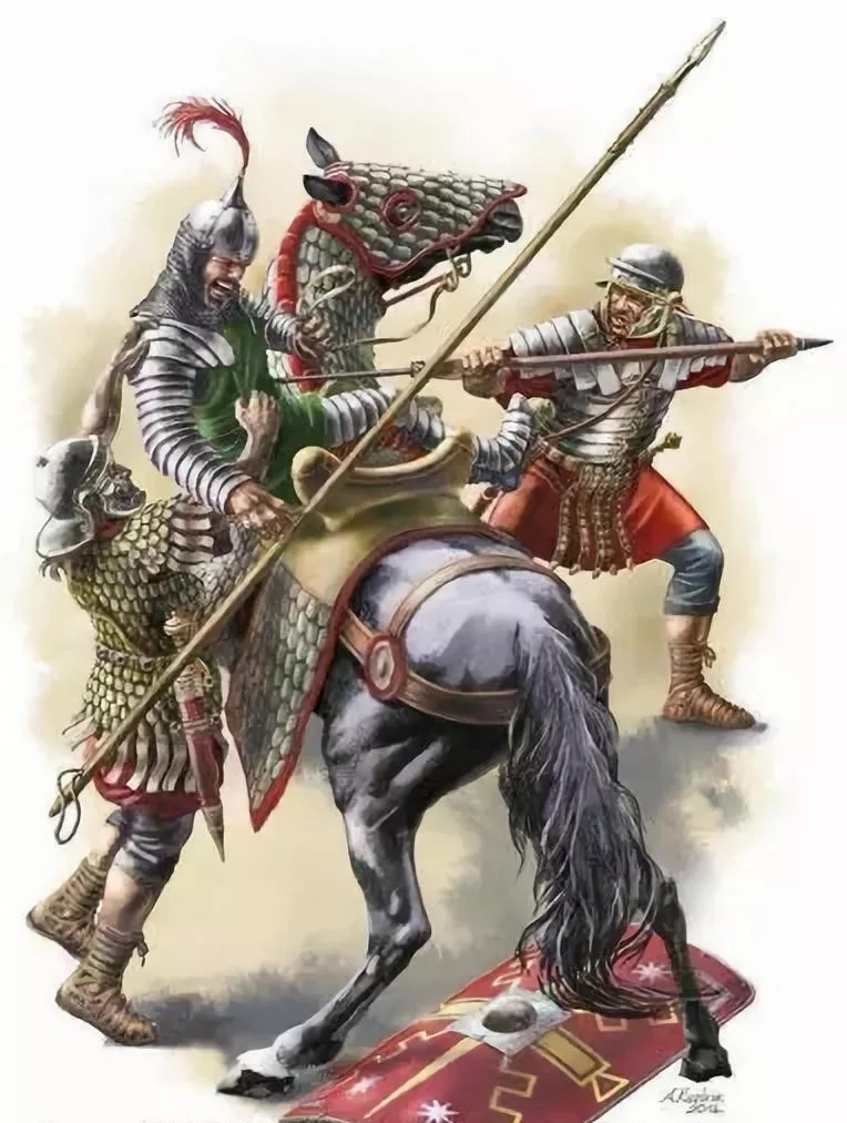 很多蠻族騎兵被羅馬人從馬上拉了下來