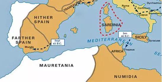 凱撒在第二次進入西班牙作戰時的前進線路