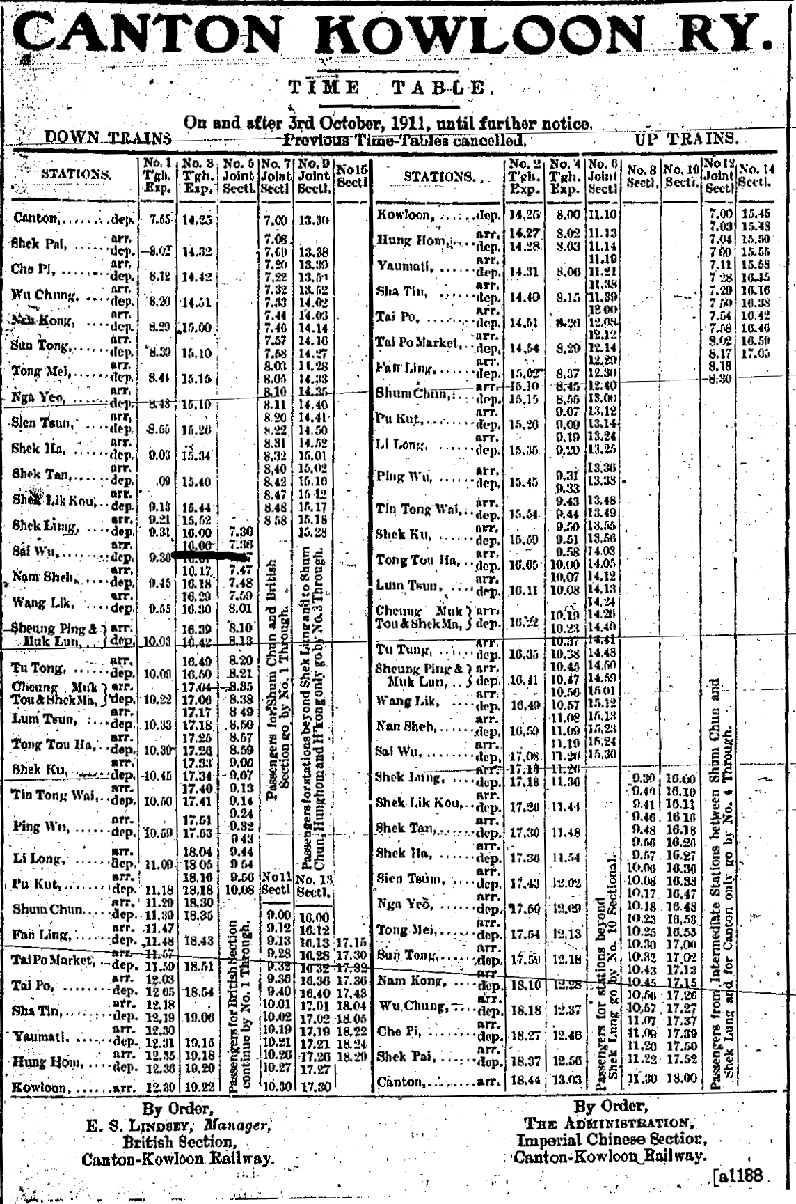 1911年10月九廣鐵路全線開通後各站的時間表