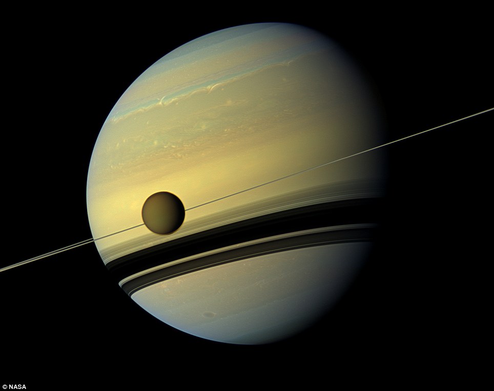 圖為土星，行星環上的圓球即為泰坦