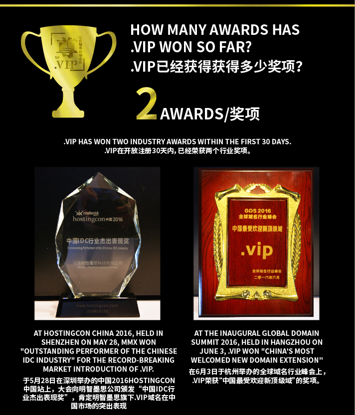 .VIP頂級域名榮獲兩項大獎