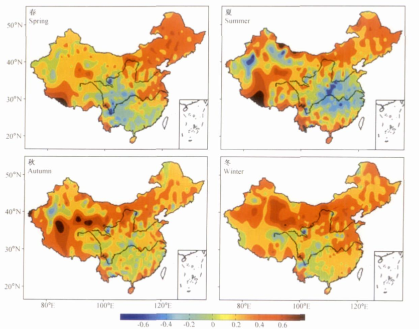 圖2 1951～2004年中國大陸季節平均氣溫的趨勢