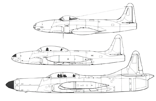 F-80，T-33，F-94C 同比例側面線圖對比