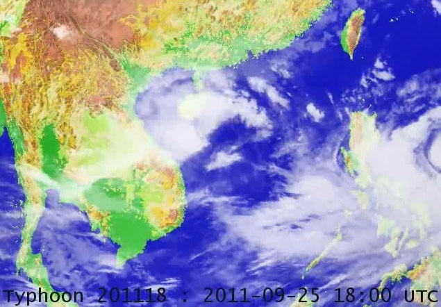 颱風海棠（左）的雲系覆蓋海南島