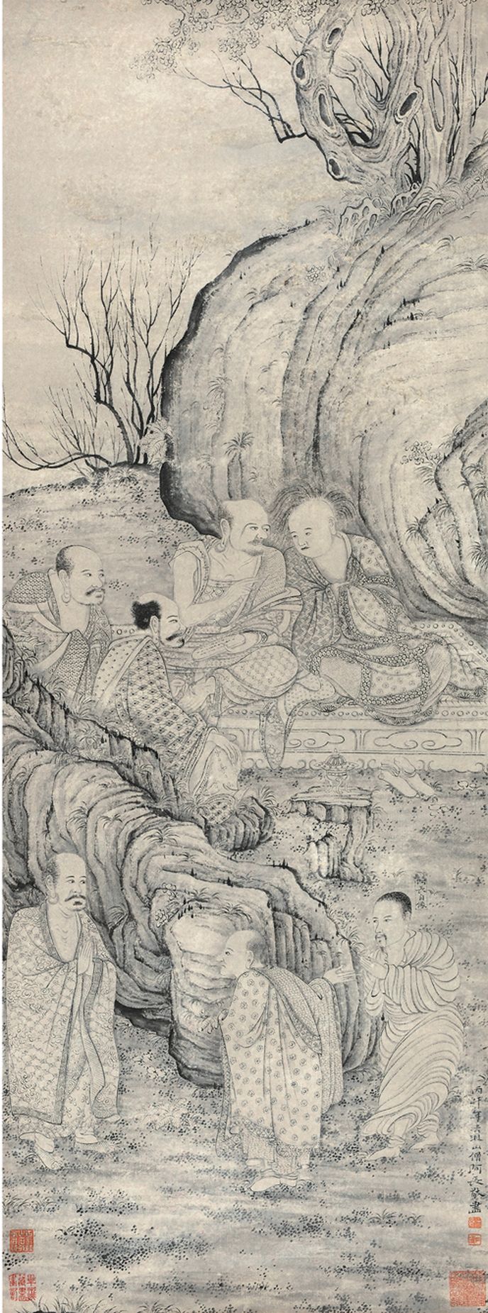 石濤《五百羅漢圖·論經悟道》中的《阿長自像》（右一）