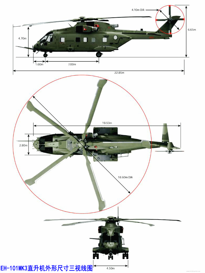 EH-101MK3直升機尺寸三視圖