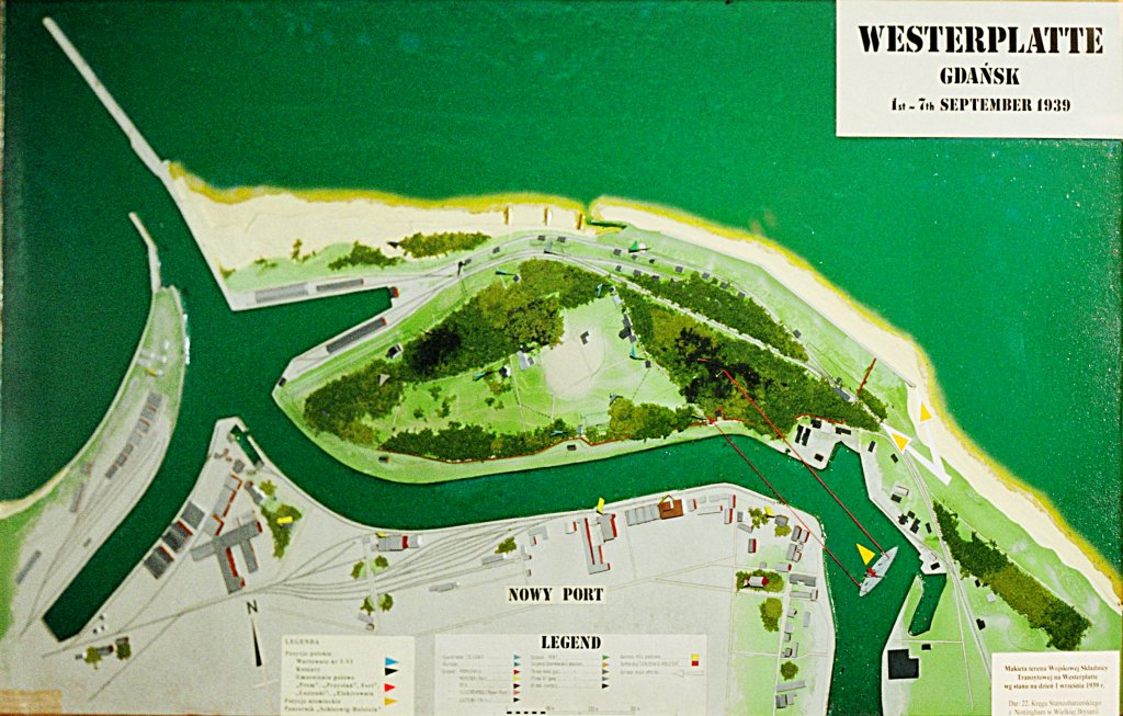 當時西盤半島、但澤新港，以及戰艦位置的圖