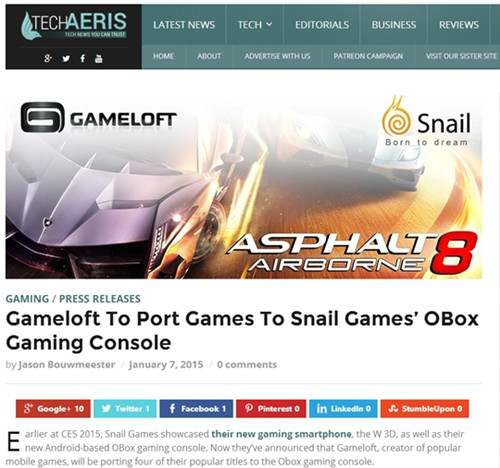 TechAERIS：Gameloft遊戲將登入OBox