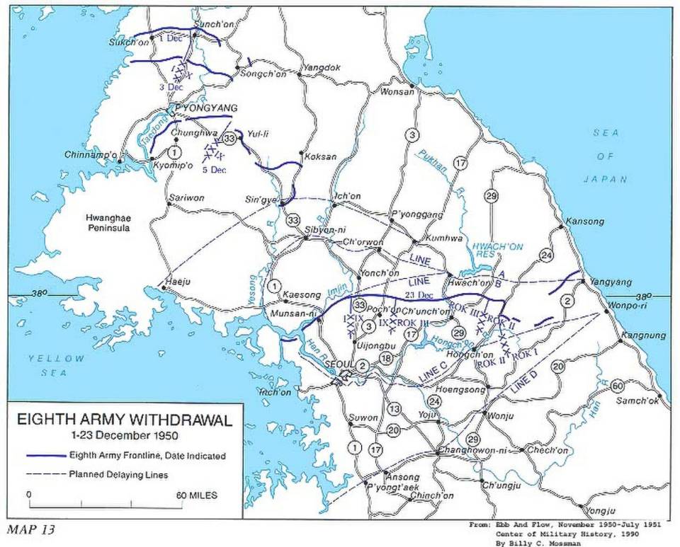 美國第8集團軍在1950年12月1日至23日撤退示意圖
