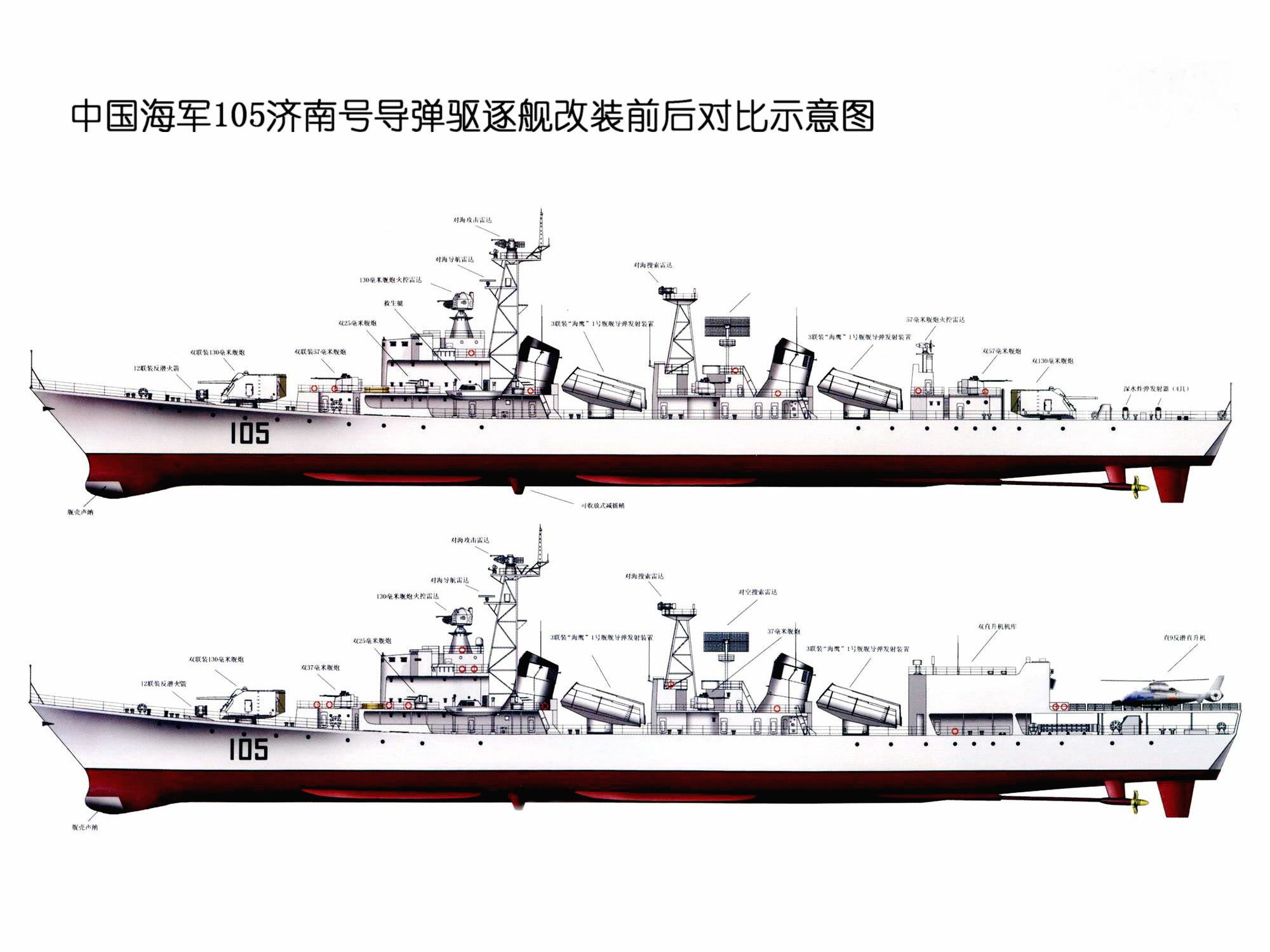 濟南號驅逐艦改裝前後對比側視圖