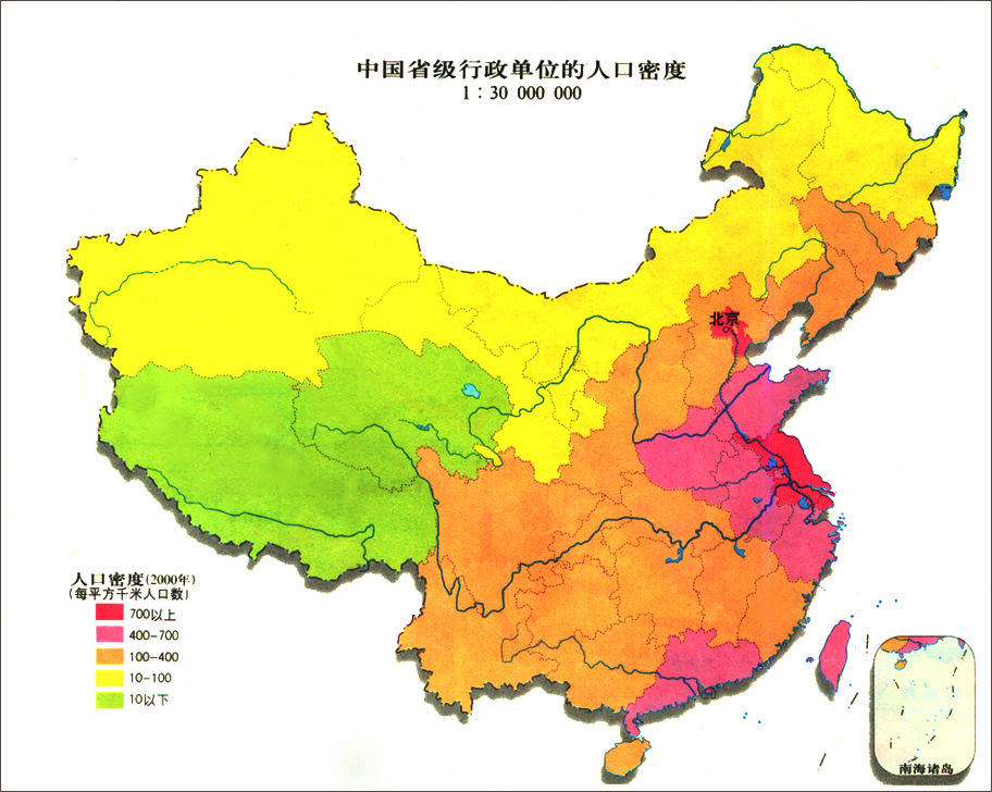 中國省級人口密度圖