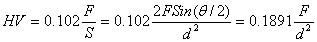當單位為N時維氏硬度值可由下面的公式得出