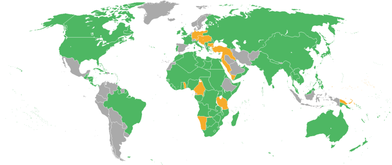 同盟國（橙）和協約國（綠）兩大集團