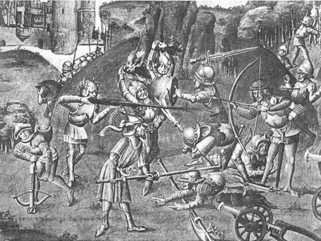 中世紀手抄本上的 瑞士火槍手與弩手 擊敗了英格蘭長弓手