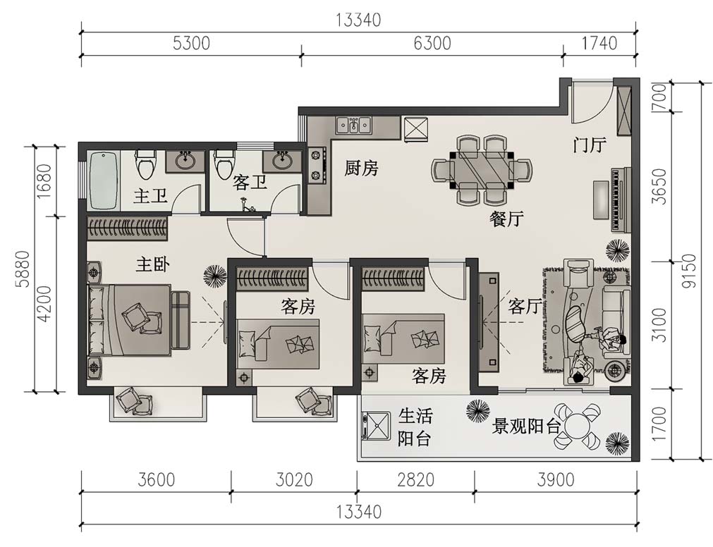 桂林灕江藍灣建築面積89㎡的小三房兩廳兩衛