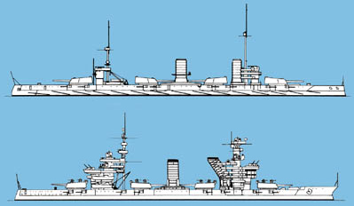 “甘古特”級戰列艦線圖：上為改裝前，下為改裝後。