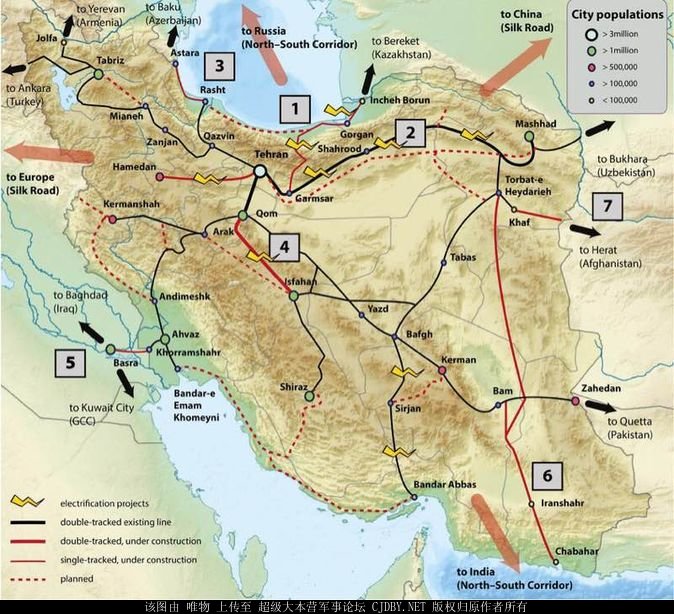 伊朗鐵路圖-黑色已有，紅色為在建，虛規