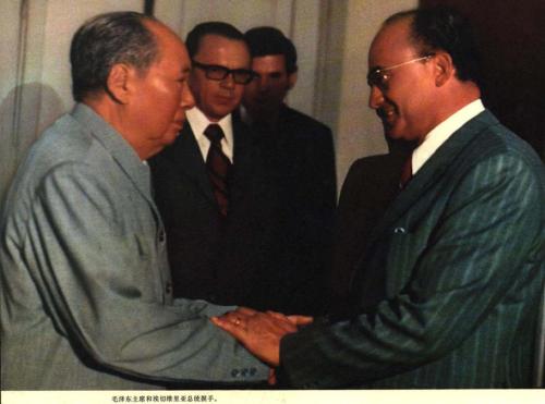 毛澤東與埃切維里亞親切握手