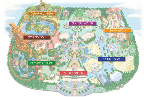 東京迪士尼樂園七大主題園區示意圖（日文）