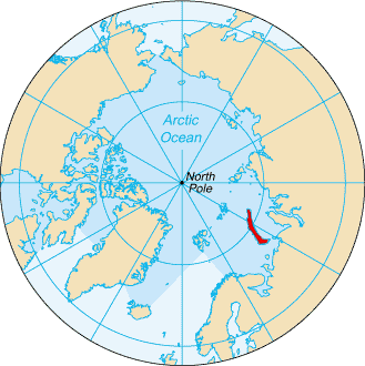 新地島在北半球的紅色位置。