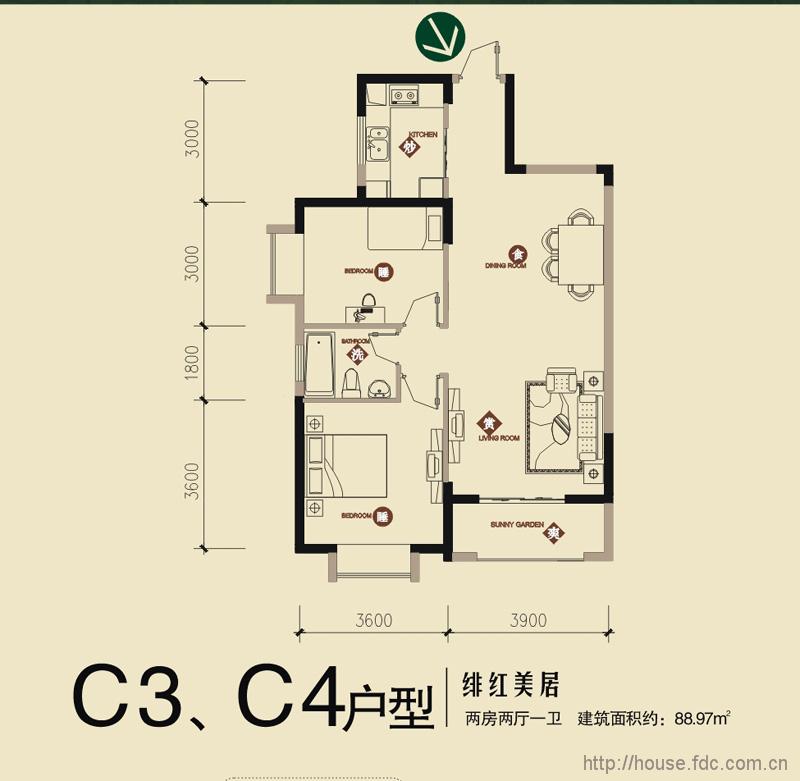 C3、C4戶型兩室兩廳 88.97㎡