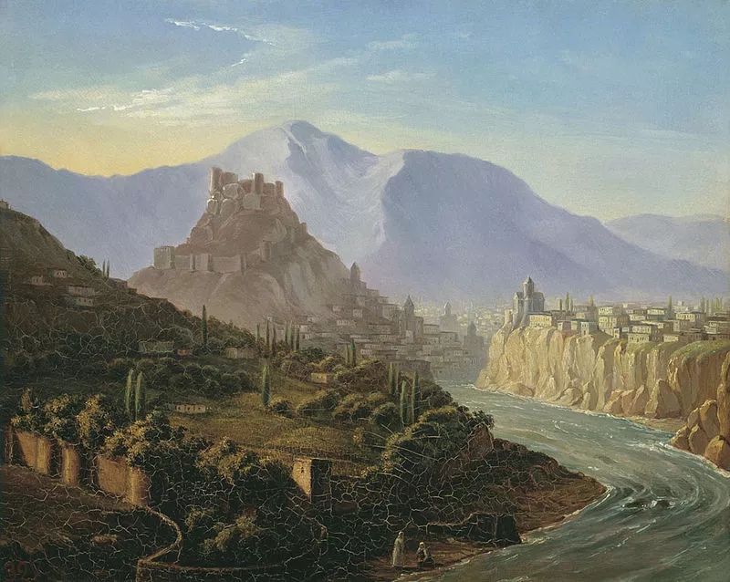 一副19世紀的油畫 反映了提比里西城與周圍地形