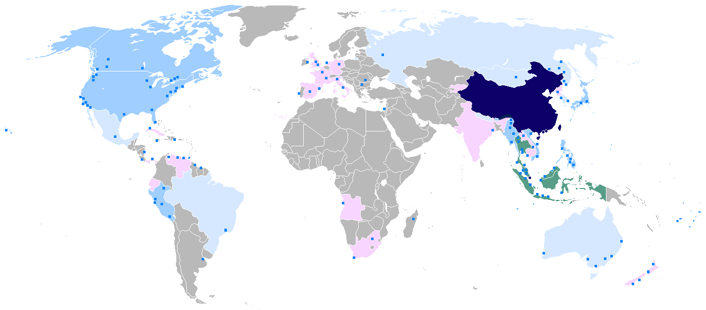 漢語的分布：深藍是漢語為主的國家；綠色有多於500萬使用者