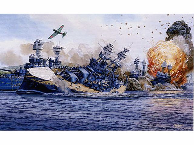 珍珠港遭襲俄克拉荷馬號被擊中（油畫）