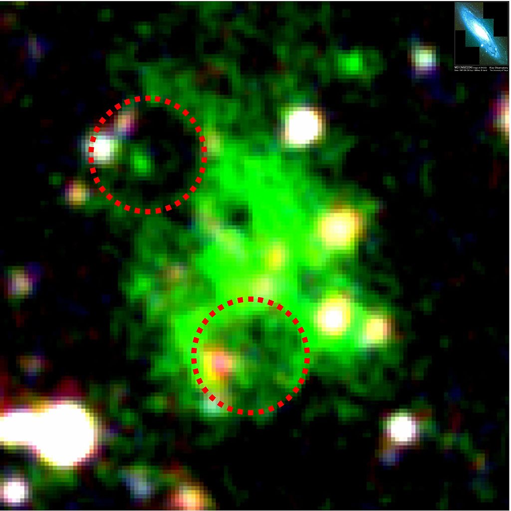 SSA22 原超星系團和仙女座星系的對比(右上)