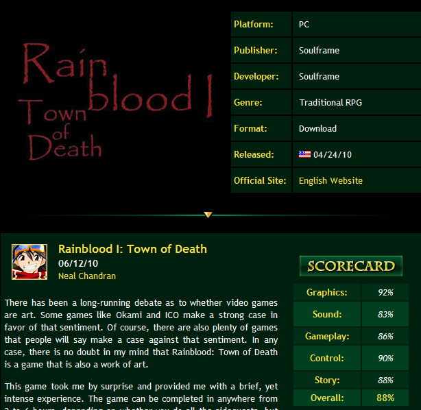 RPGfans對《雨血1：死鎮》的評價