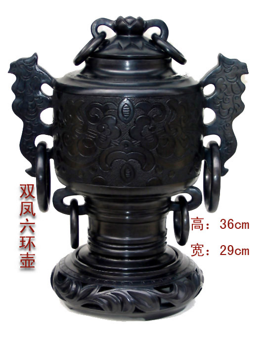 黑陶作品：雙鳳六環壺