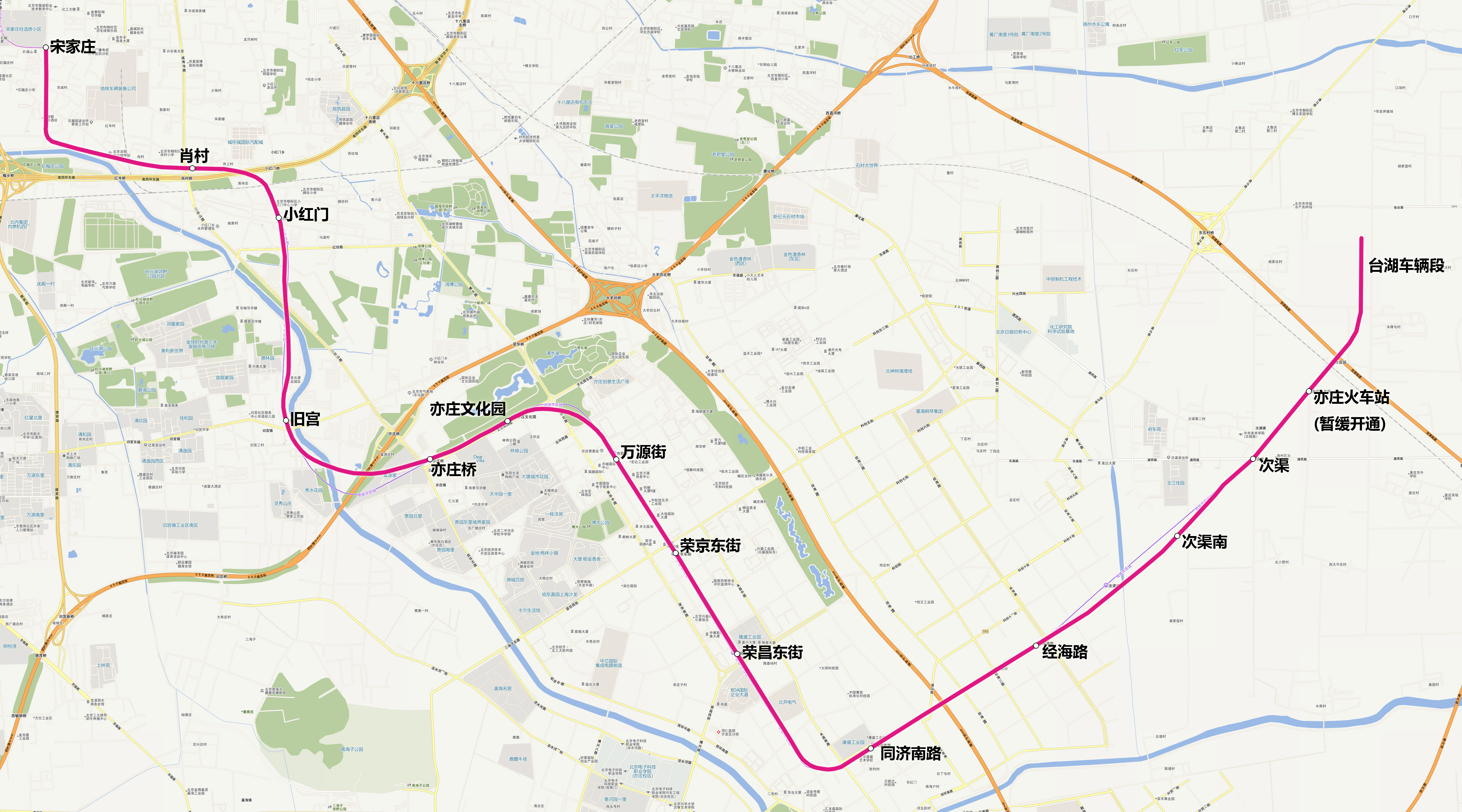 北京捷運亦莊線線位、站點陣圖