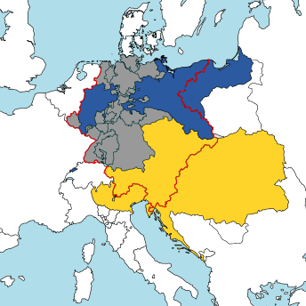 普奧對決，藍色為普魯士，黃色為奧地利